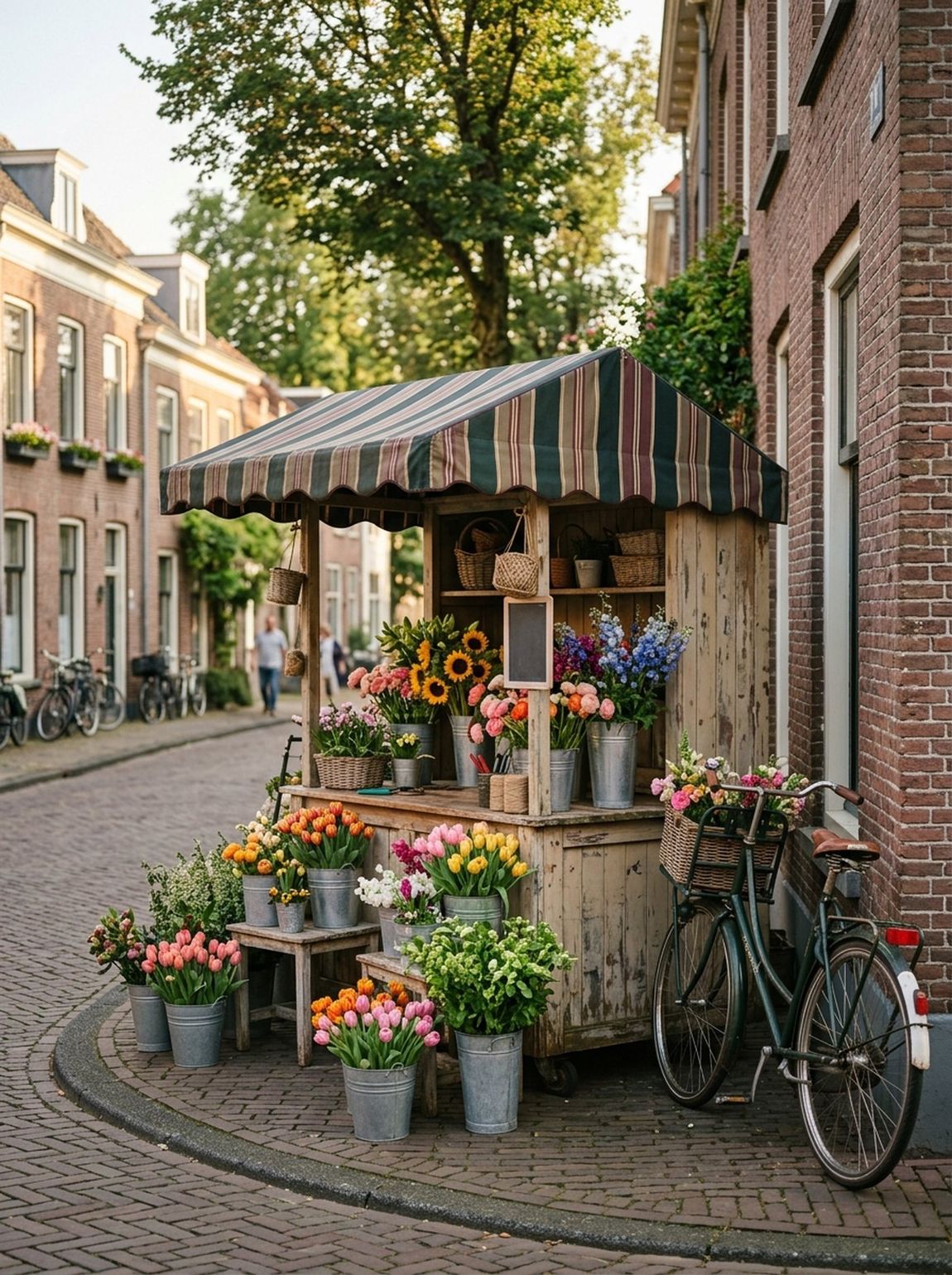 Bloemenkiosk Daalseweg met zinken emmers vol verse tulpen en seizoensbloemen op straat