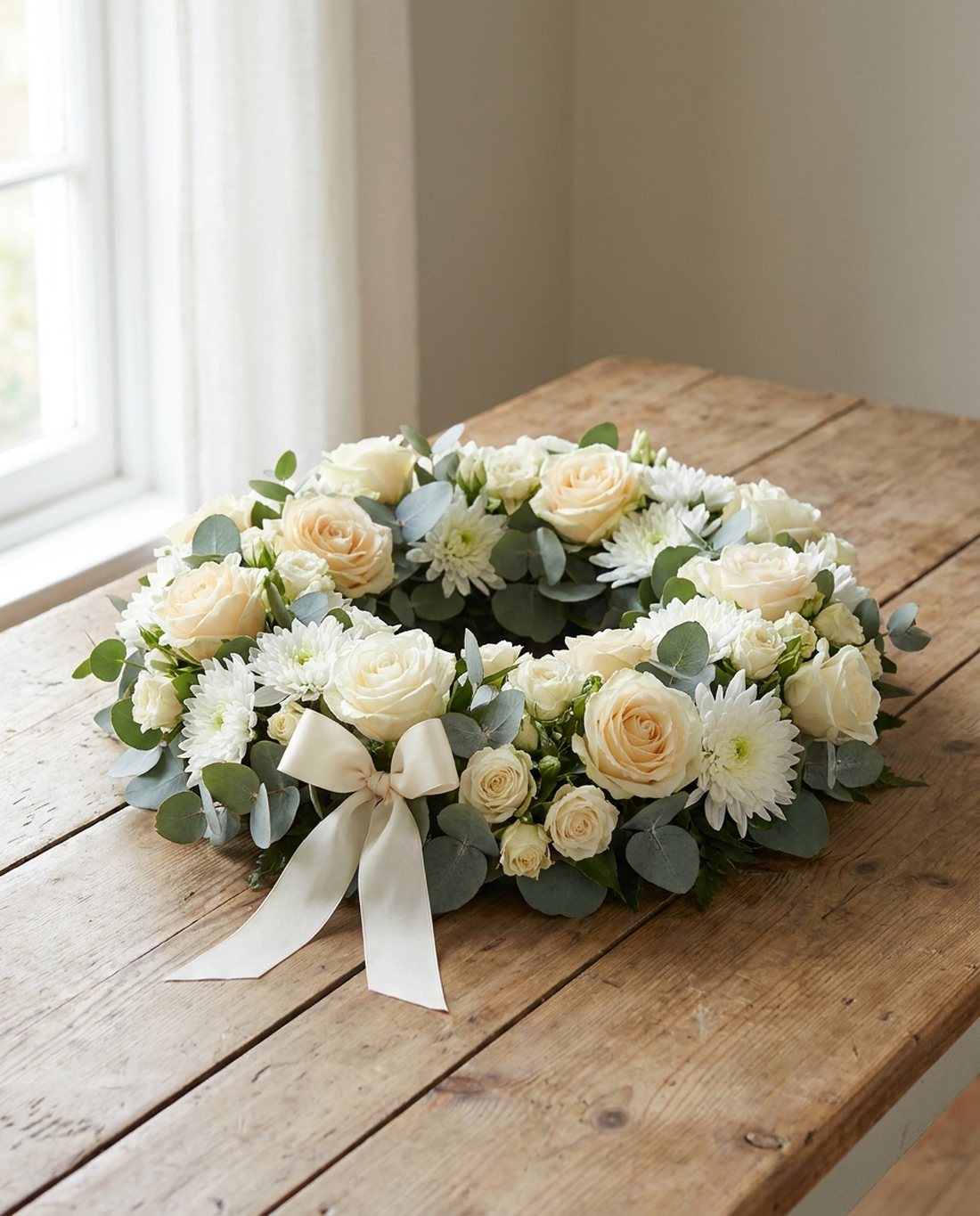 Rouwkrans van witte rozen en chrysanten